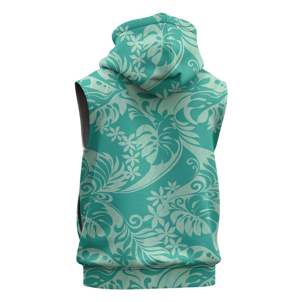 Tahiti Teal Tiare Floral Sleeveless Hoodie Monstera Palm Tropical Leaves LT01 - Polynesian Pride