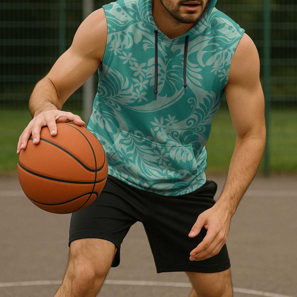 Tahiti Teal Tiare Floral Sleeveless Hoodie Monstera Palm Tropical Leaves LT01 - Polynesian Pride