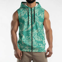 Tahiti Teal Tiare Floral Sleeveless Zip Hoodie Monstera Palm Tropical Leaves LT01 - Polynesian Pride