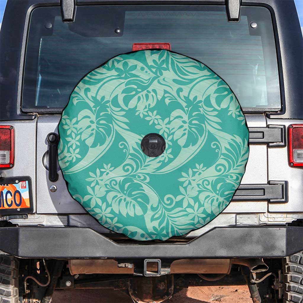 Tahiti Teal Tiare Floral Spare Tire Cover Monstera Palm Tropical Leaves LT01 Teal - Polynesian Pride