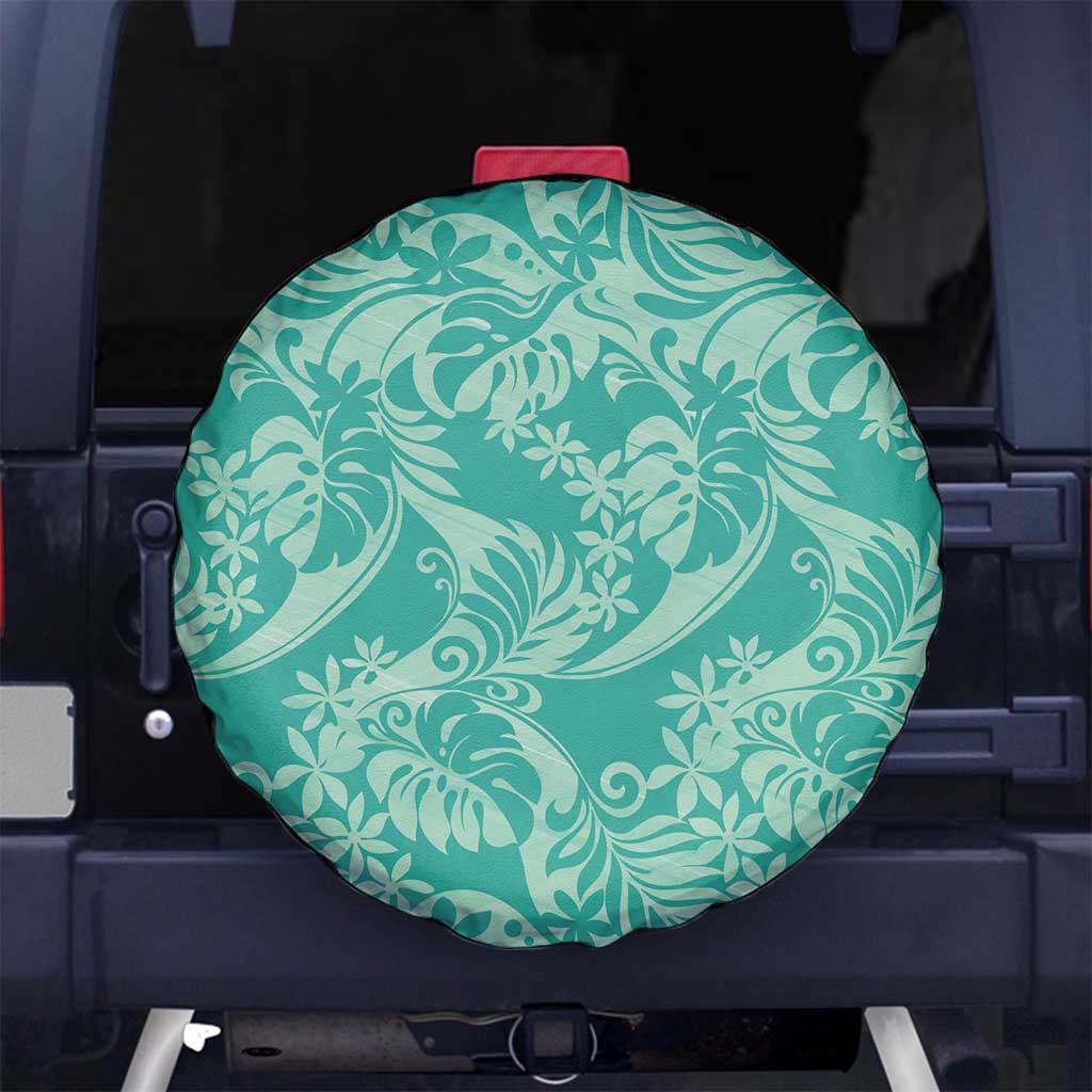 Tahiti Teal Tiare Floral Spare Tire Cover Monstera Palm Tropical Leaves LT01 No hole Teal - Polynesian Pride
