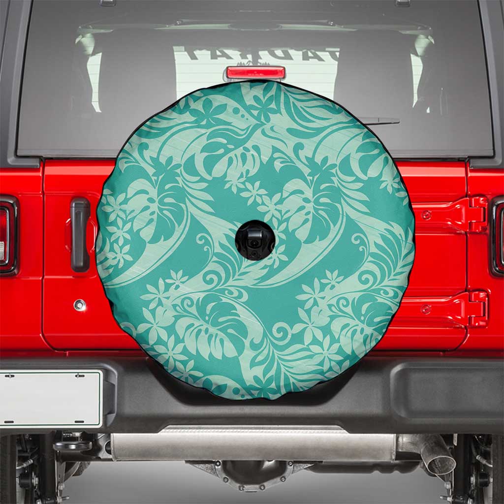 Tahiti Teal Tiare Floral Spare Tire Cover Monstera Palm Tropical Leaves LT01 - Polynesian Pride