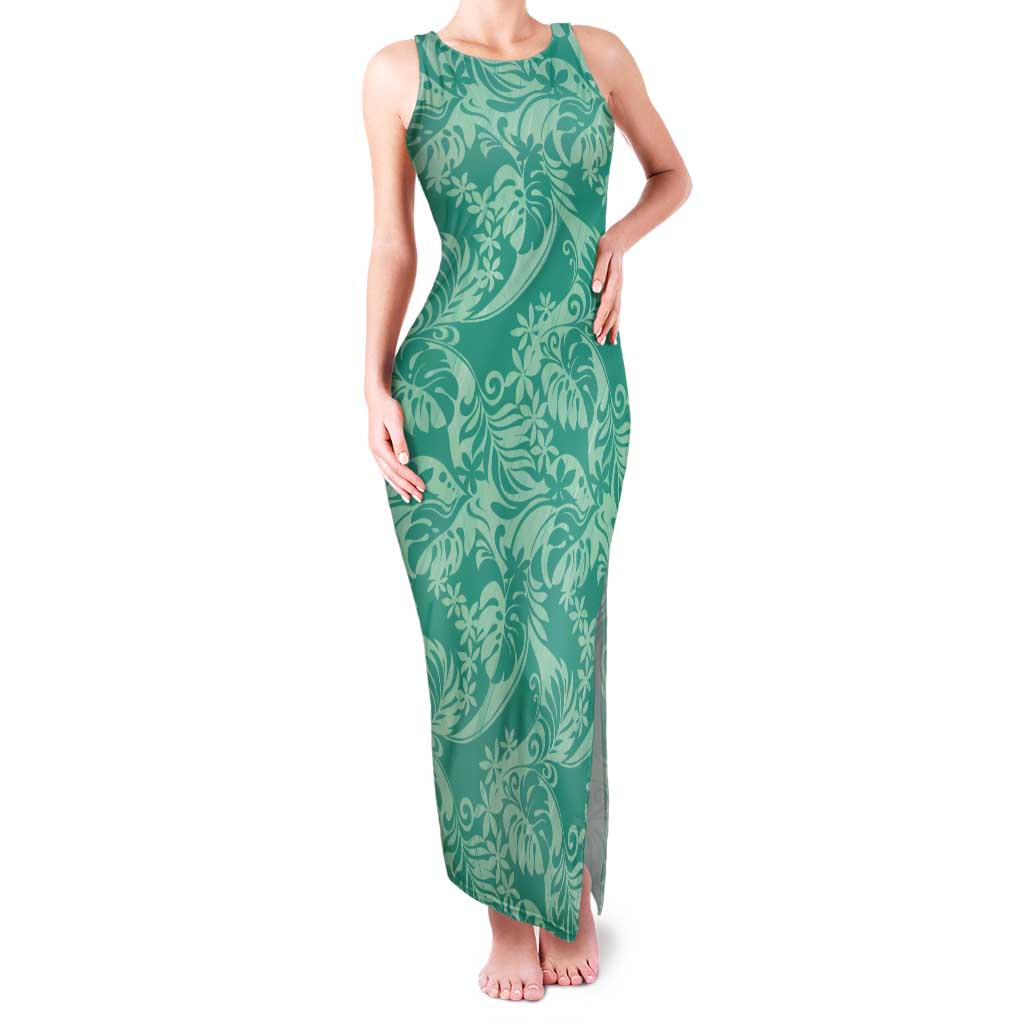 Tahiti Teal Tiare Floral Tank Maxi Dress Monstera Palm Tropical Leaves LT01 Women Teal - Polynesian Pride