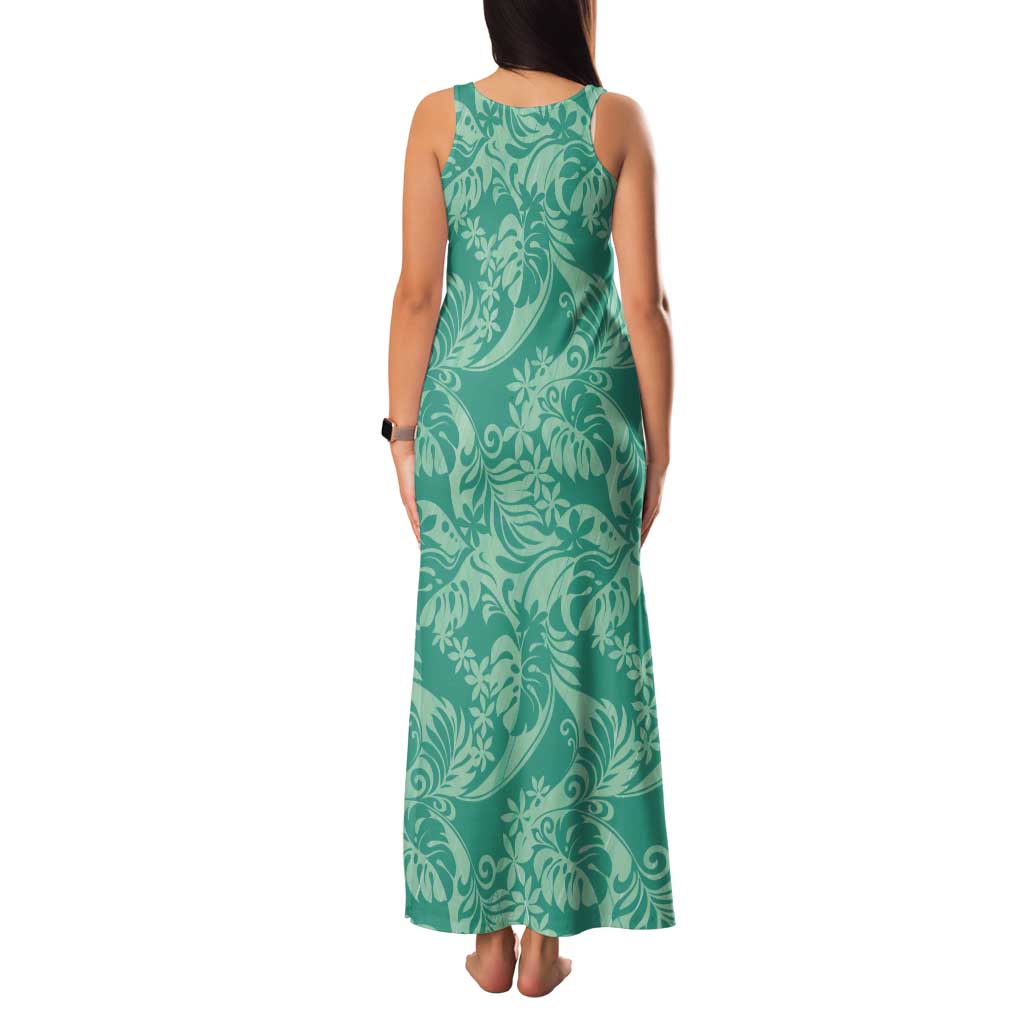 Tahiti Teal Tiare Floral Tank Maxi Dress Monstera Palm Tropical Leaves LT01 - Polynesian Pride