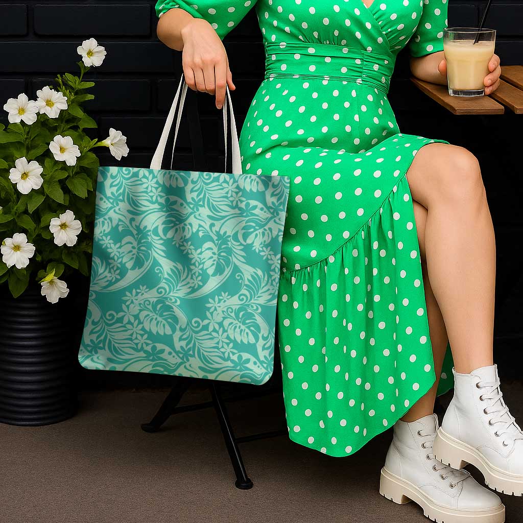 Tahiti Teal Tiare Floral Tote Bag Monstera Palm Tropical Leaves - Polynesian Pride