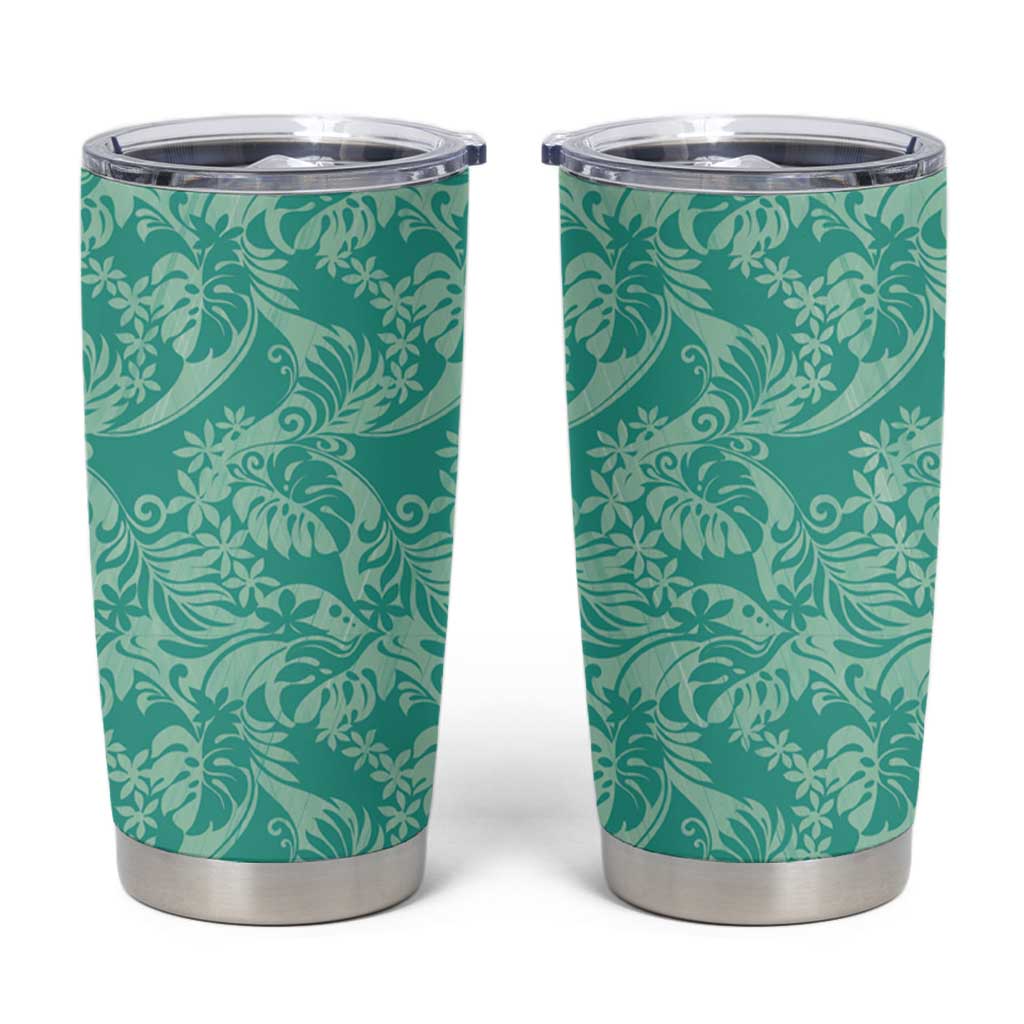Tahiti Teal Tiare Floral Tumbler Cup Monstera Palm Tropical Leaves LT01 Teal - Polynesian Pride