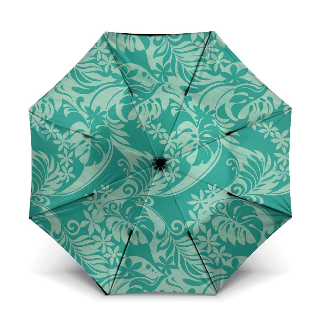Tahiti Teal Tiare Floral Umbrella Monstera Palm Tropical Leaves LT01 One Size Folded 11.42 inch Opened Diameter 37.4 inch Teal - Polynesian Pride