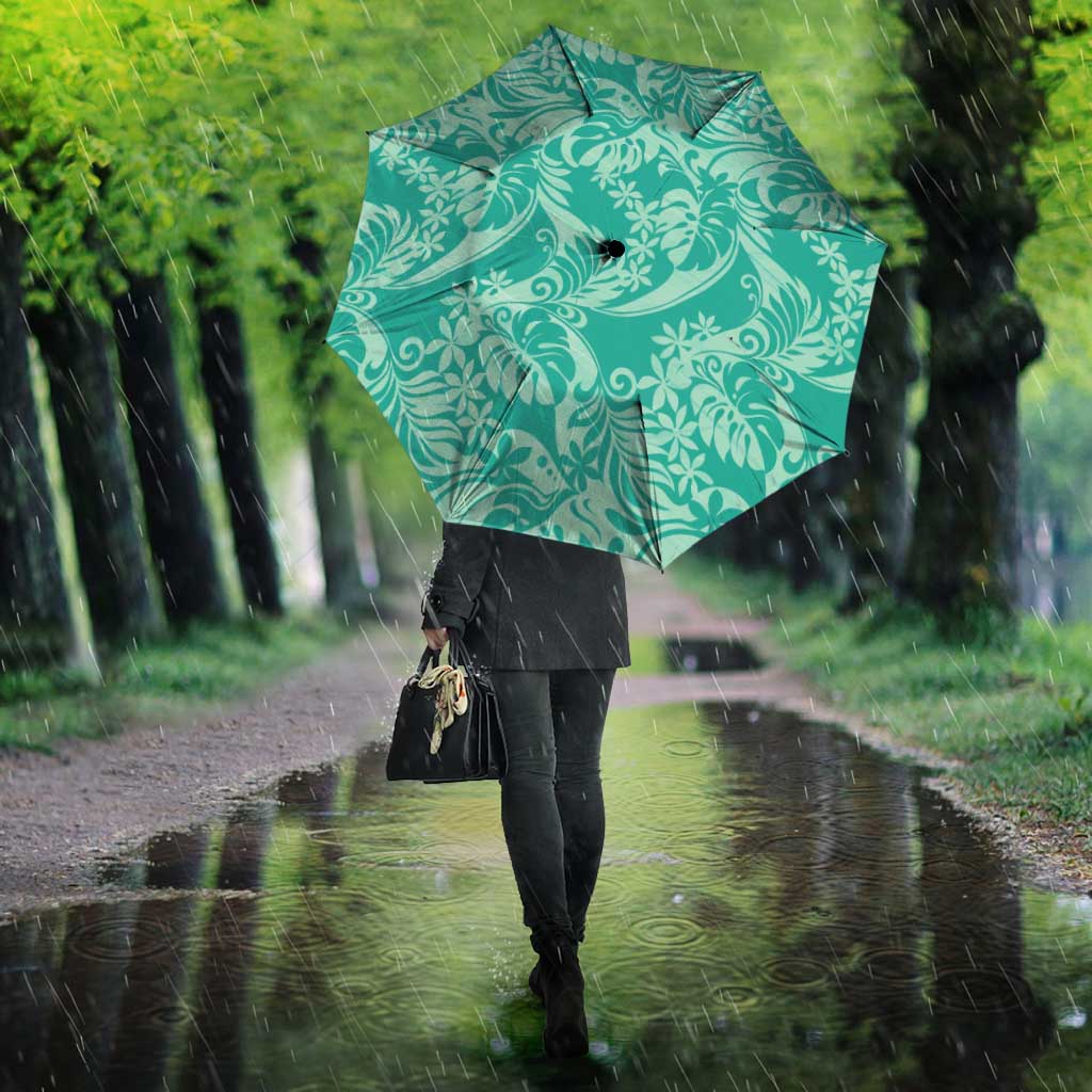 Tahiti Teal Tiare Floral Umbrella Monstera Palm Tropical Leaves LT01 - Polynesian Pride
