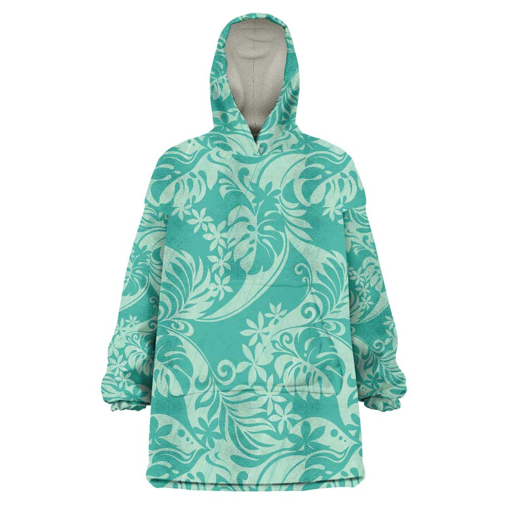 Tahiti Teal Tiare Floral Wearable Blanket Hoodie Monstera Palm Tropical Leaves LT01 One Size Teal - Polynesian Pride