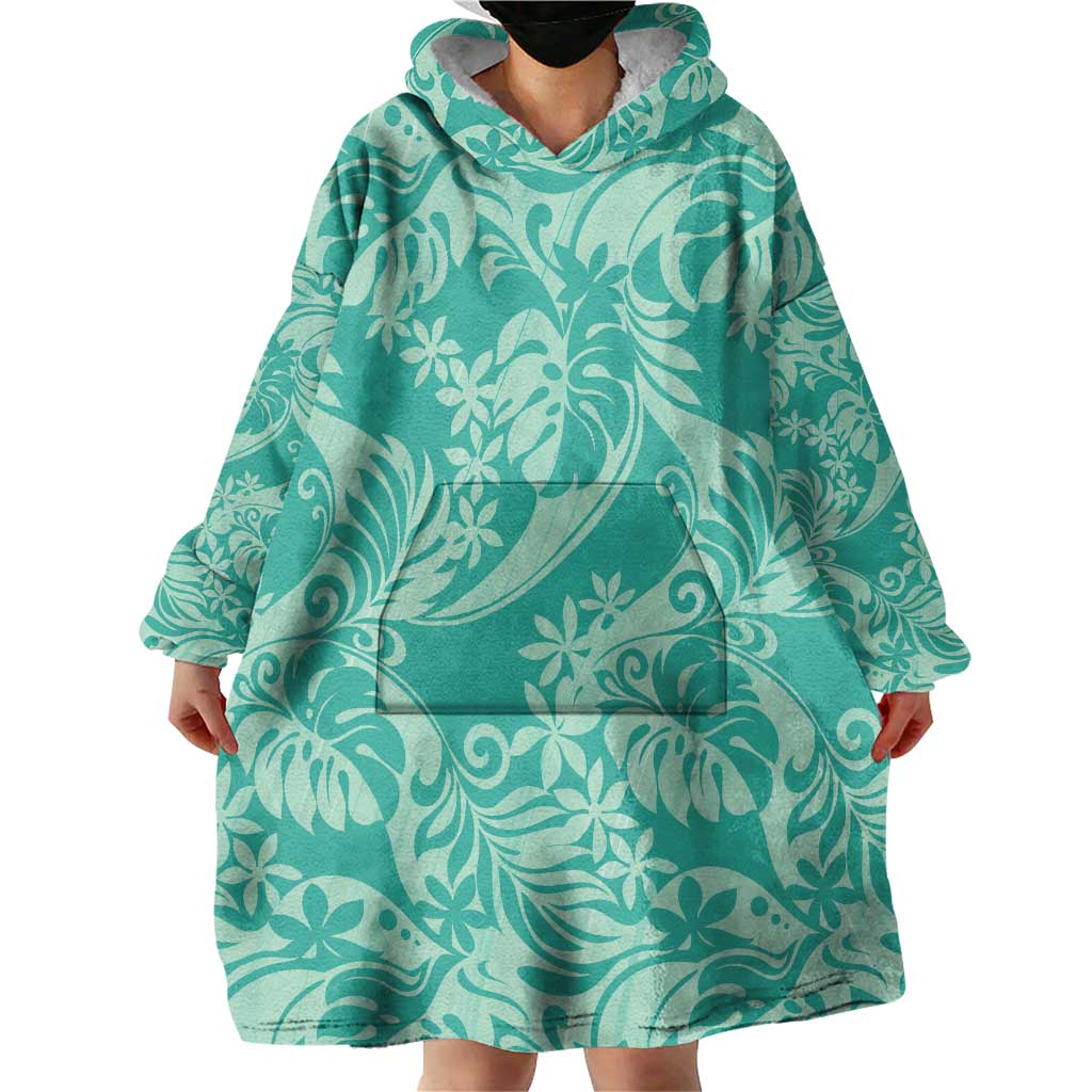 Tahiti Teal Tiare Floral Wearable Blanket Hoodie Monstera Palm Tropical Leaves LT01 - Polynesian Pride