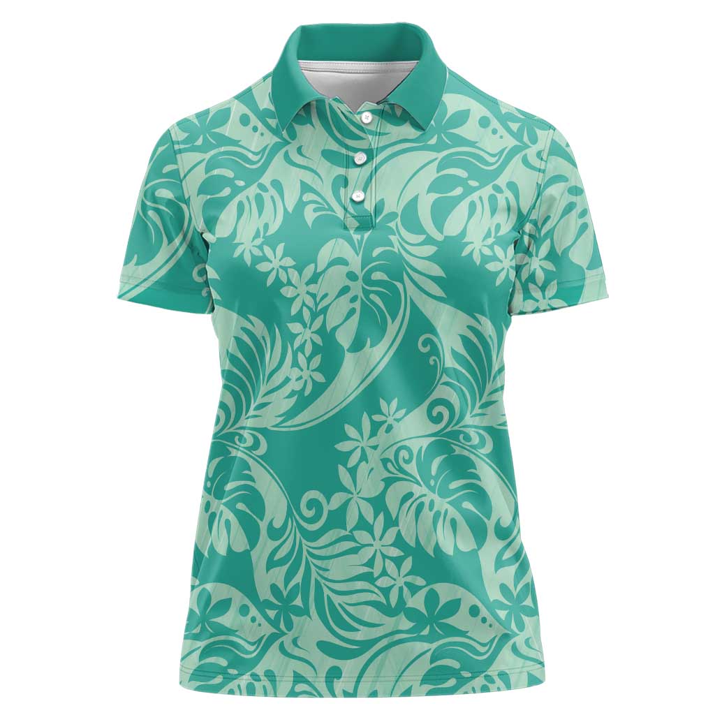 Tahiti Teal Tiare Floral Women Polo Shirt Monstera Palm Tropical Leaves LT01 Female Teal - Polynesian Pride