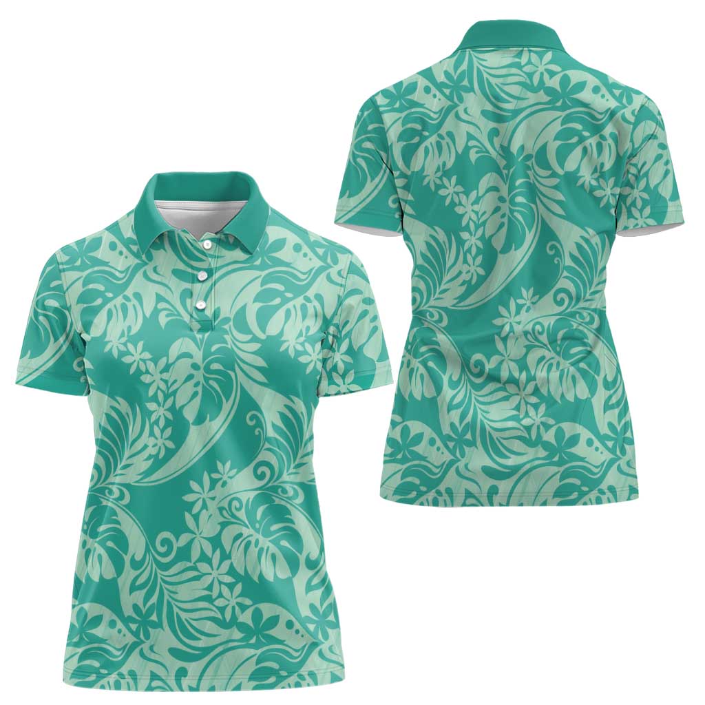 Tahiti Teal Tiare Floral Women Polo Shirt Monstera Palm Tropical Leaves LT01 - Polynesian Pride