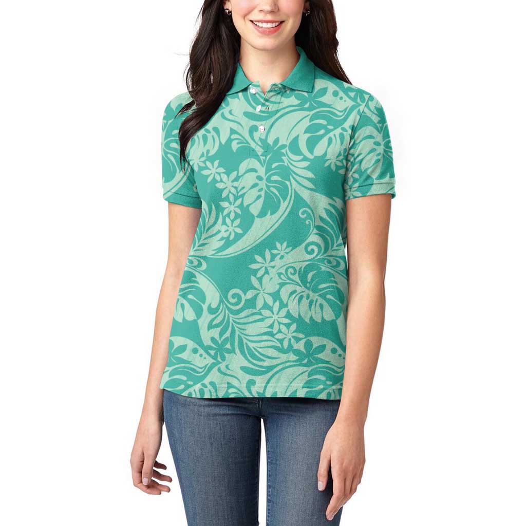 Tahiti Teal Tiare Floral Women Polo Shirt Monstera Palm Tropical Leaves LT01 - Polynesian Pride
