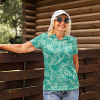 Tahiti Teal Tiare Floral Women Polo Shirt Monstera Palm Tropical Leaves LT01 - Polynesian Pride