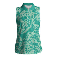 Tahiti Teal Tiare Floral Women Sleeveless Polo Shirt Monstera Palm Tropical Leaves LT01 Female Teal - Polynesian Pride