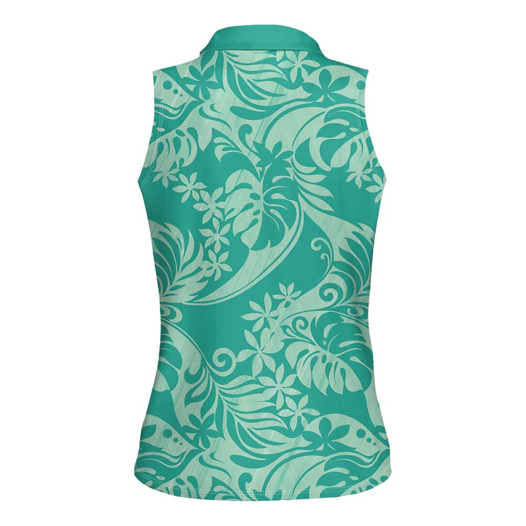 Tahiti Teal Tiare Floral Women Sleeveless Polo Shirt Monstera Palm Tropical Leaves LT01 - Polynesian Pride