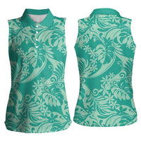 Tahiti Teal Tiare Floral Women Sleeveless Polo Shirt Monstera Palm Tropical Leaves LT01 - Polynesian Pride