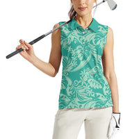 Tahiti Teal Tiare Floral Women Sleeveless Polo Shirt Monstera Palm Tropical Leaves LT01 - Polynesian Pride