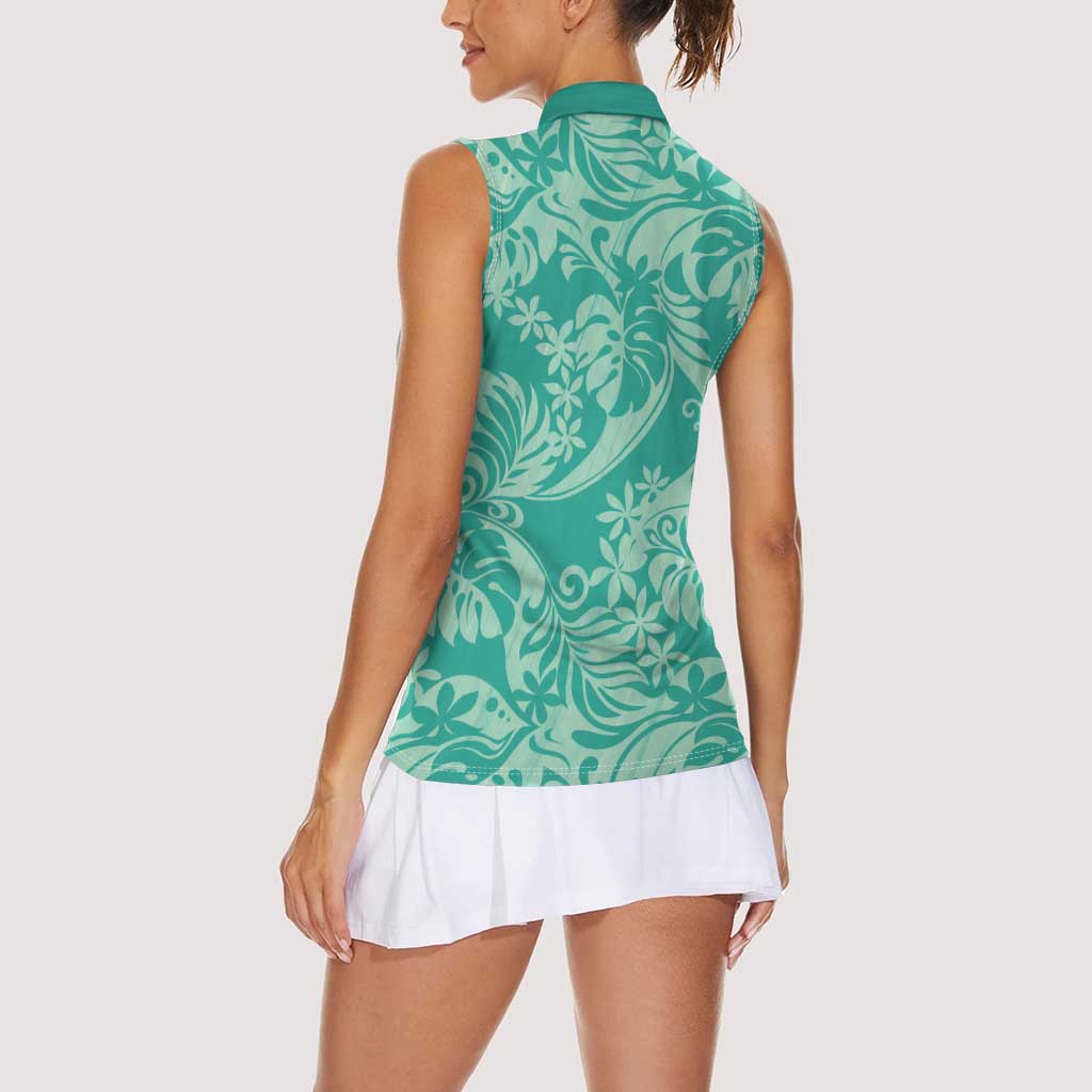 Tahiti Teal Tiare Floral Women Sleeveless Polo Shirt Monstera Palm Tropical Leaves LT01 - Polynesian Pride