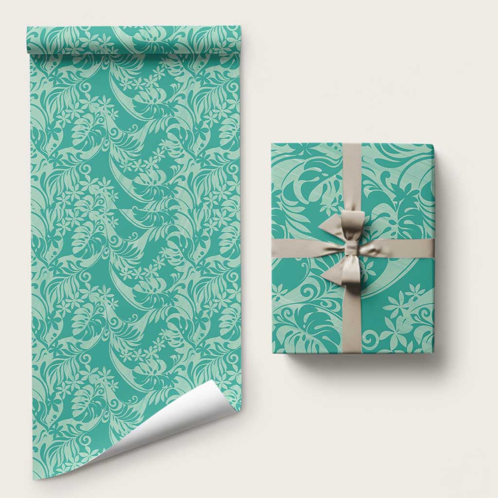 Tahiti Teal Tiare Floral Wrapping Paper Monstera Palm Tropical Leaves LT01 58" × 23" Teal - Polynesian Pride