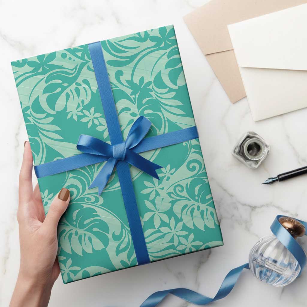 Tahiti Teal Tiare Floral Wrapping Paper Monstera Palm Tropical Leaves LT01 - Polynesian Pride