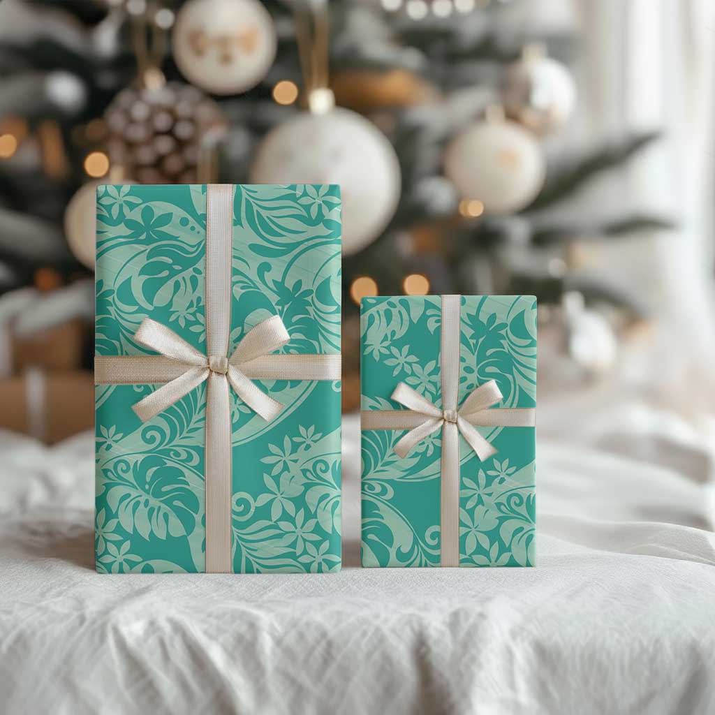 Tahiti Teal Tiare Floral Wrapping Paper Monstera Palm Tropical Leaves LT01 - Polynesian Pride