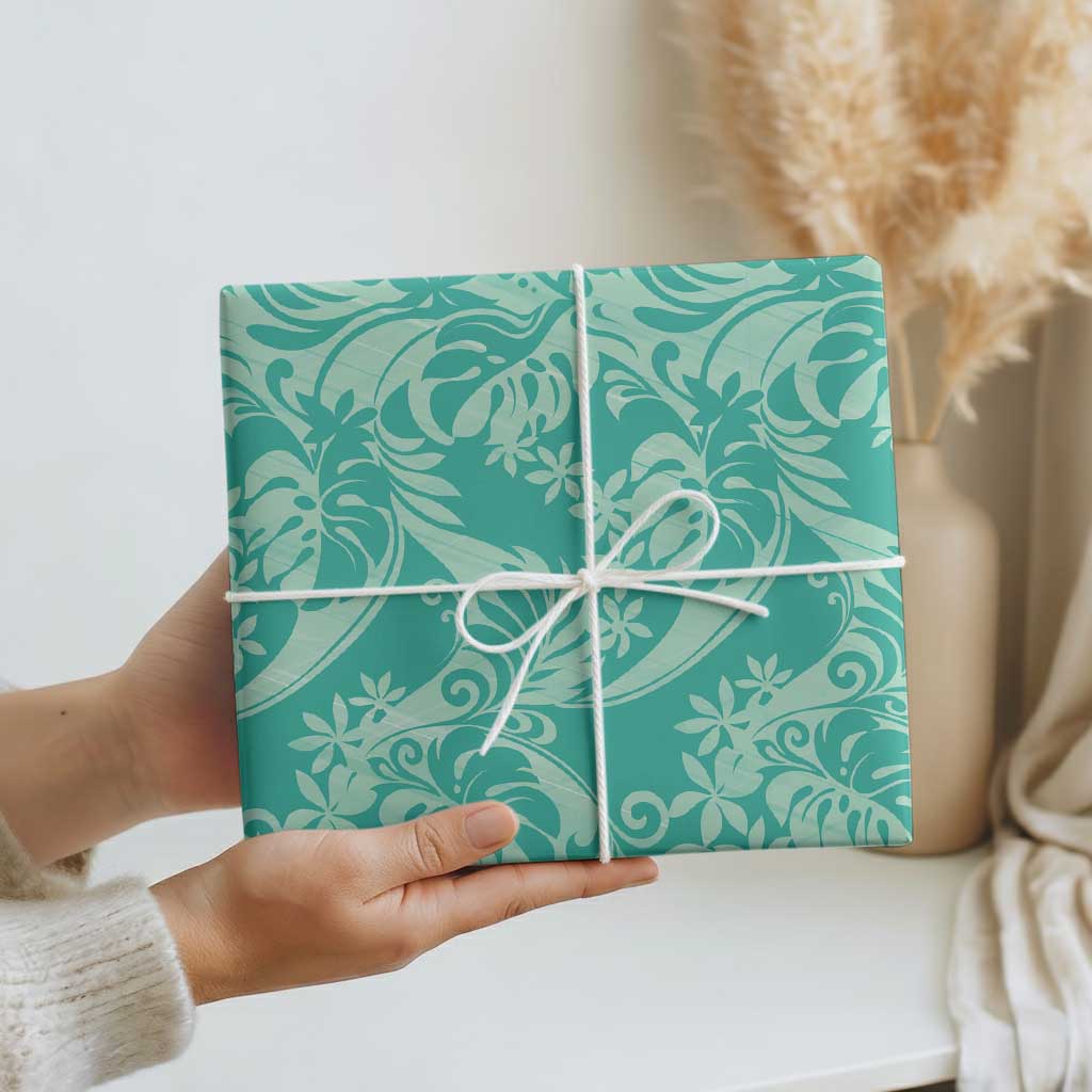 Tahiti Teal Tiare Floral Wrapping Paper Monstera Palm Tropical Leaves LT01 - Polynesian Pride