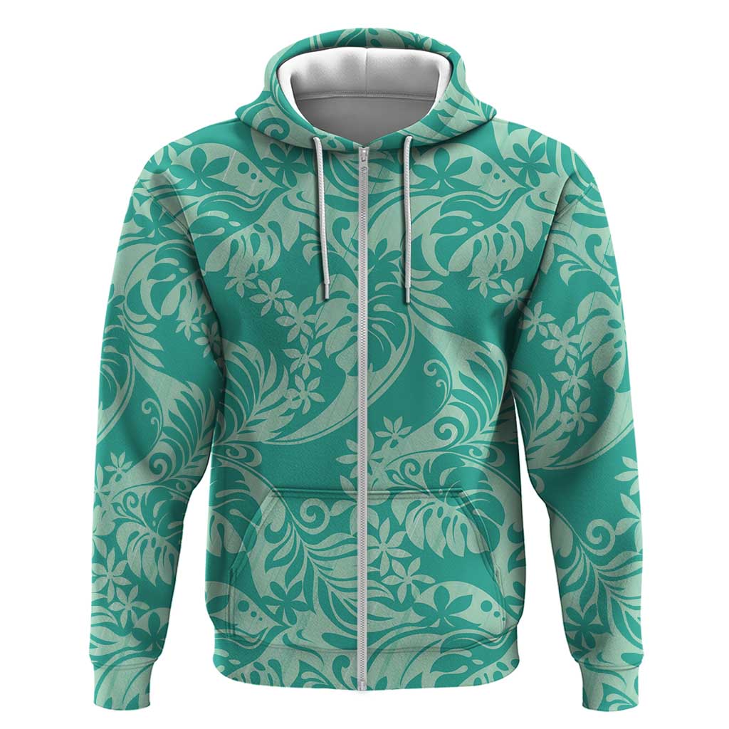 Tahiti Teal Tiare Floral Zip Hoodie Monstera Palm Tropical Leaves LT01 Zip Hoodie Teal - Polynesian Pride