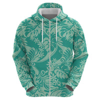 Tahiti Teal Tiare Floral Zip Hoodie Monstera Palm Tropical Leaves LT01 - Polynesian Pride