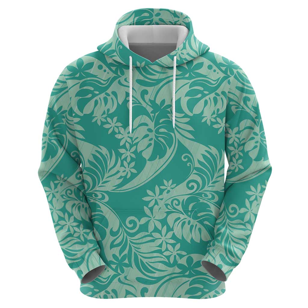 Tahiti Teal Tiare Floral Zip Hoodie Monstera Palm Tropical Leaves LT01 - Polynesian Pride