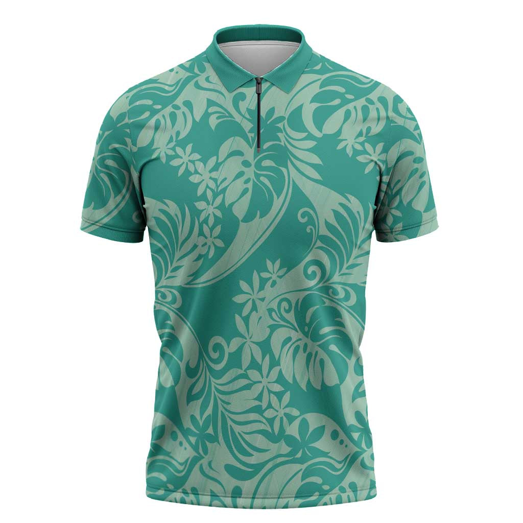 Tahiti Teal Tiare Floral Zipper Polo Shirt Monstera Palm Tropical Leaves LT01 Teal - Polynesian Pride