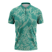 Tahiti Teal Tiare Floral Zipper Polo Shirt Monstera Palm Tropical Leaves LT01 Teal - Polynesian Pride