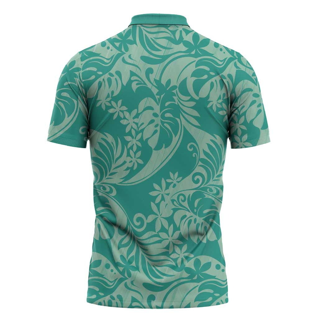 Tahiti Teal Tiare Floral Zipper Polo Shirt Monstera Palm Tropical Leaves LT01 - Polynesian Pride
