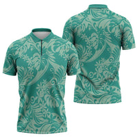 Tahiti Teal Tiare Floral Zipper Polo Shirt Monstera Palm Tropical Leaves LT01 - Polynesian Pride