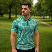 Tahiti Teal Tiare Floral Zipper Polo Shirt Monstera Palm Tropical Leaves LT01 - Polynesian Pride