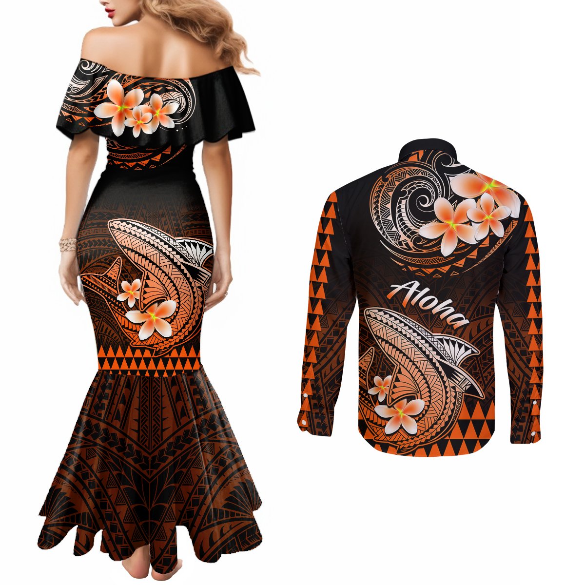 Hawaii Couples Matching Mermaid Dress and Long Sleeve Button Shirts Polynesian Shark with Kakau Orange Version LT01 - Polynesian Pride