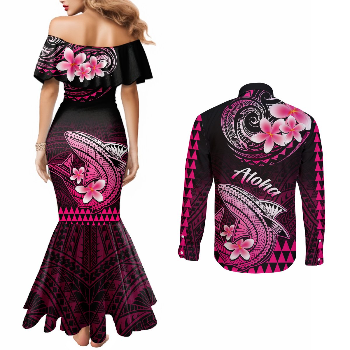Hawaii Couples Matching Mermaid Dress and Long Sleeve Button Shirts Polynesian Shark with Kakau Pink Version LT01 - Polynesian Pride