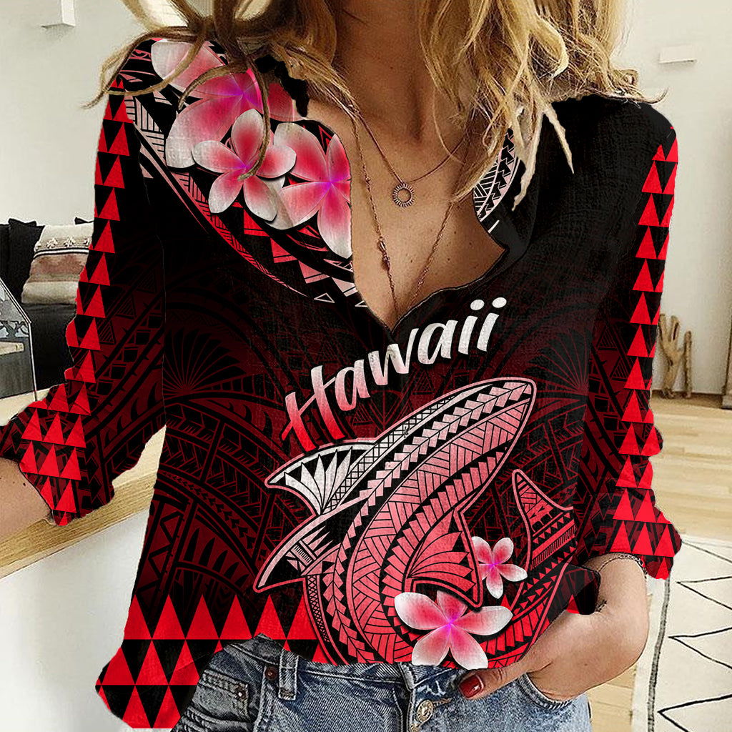 Hawaii Women Casual Shirt Polynesian Shark with Kakau Red Version LT01 Female Red - Polynesian Pride
