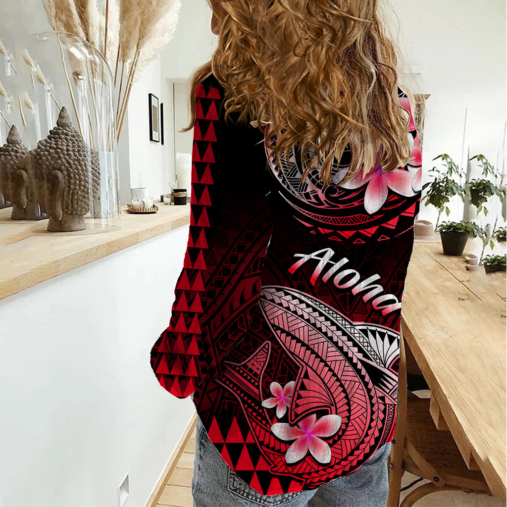 Hawaii Women Casual Shirt Polynesian Shark with Kakau Red Version LT01 - Polynesian Pride