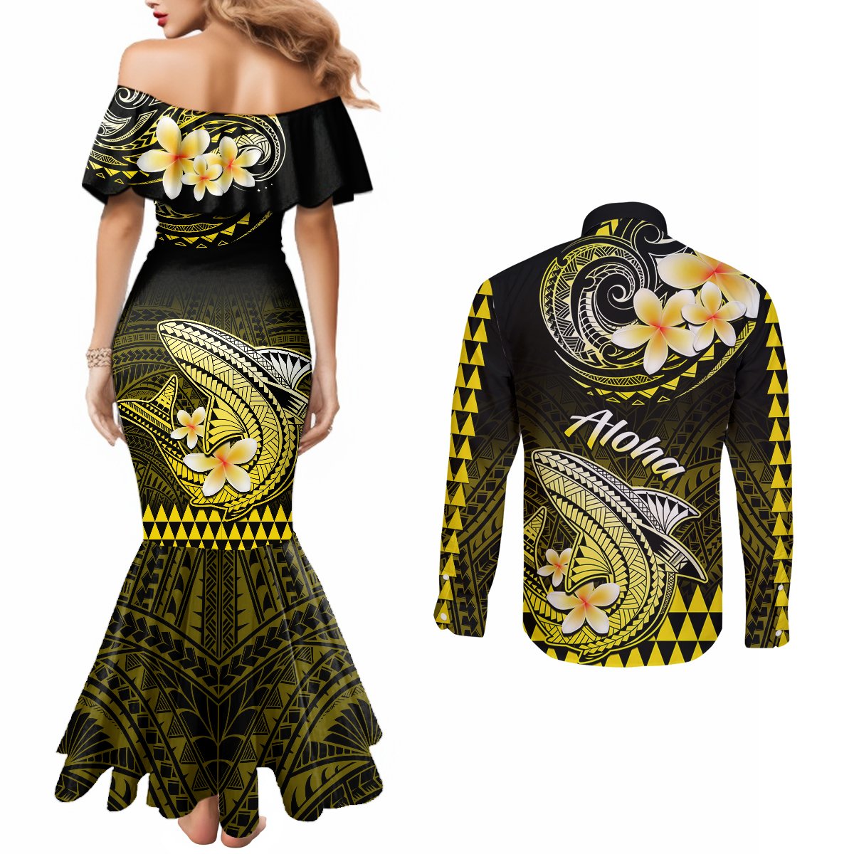 Hawaii Couples Matching Mermaid Dress and Long Sleeve Button Shirts Polynesian Shark with Kakau Yellow Version LT01 - Polynesian Pride