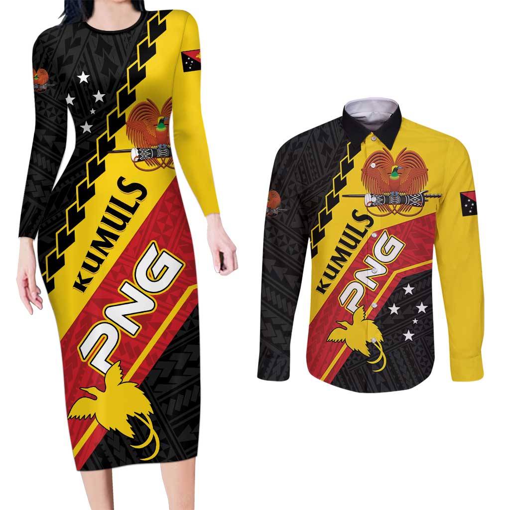 Custom PNG Couples Matching Long Sleeve Bodycon Dress and Long Sleeve Button Shirt The Kumuls Are On A Roll LT01 Black - Polynesian Pride