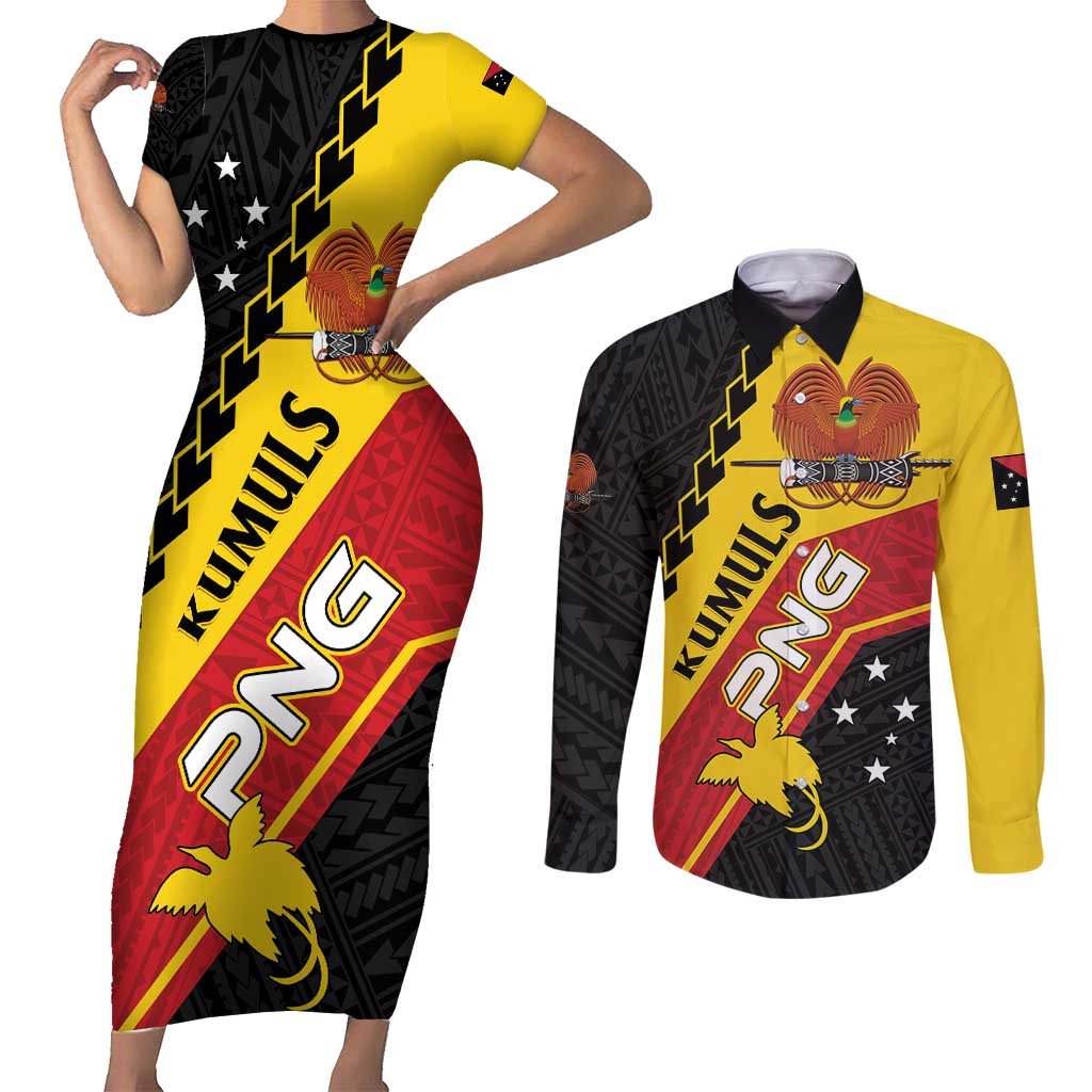 Custom PNG Couples Matching Short Sleeve Bodycon Dress and Long Sleeve Button Shirt The Kumuls Are On A Roll LT01 Black - Polynesian Pride