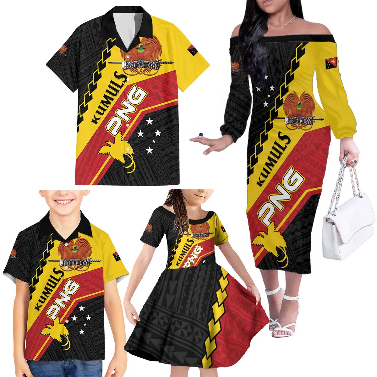 Custom PNG Family Matching Off The Shoulder Long Sleeve Dress and Hawaiian Shirt The Kumuls Are On A Roll LT01 - Polynesian Pride
