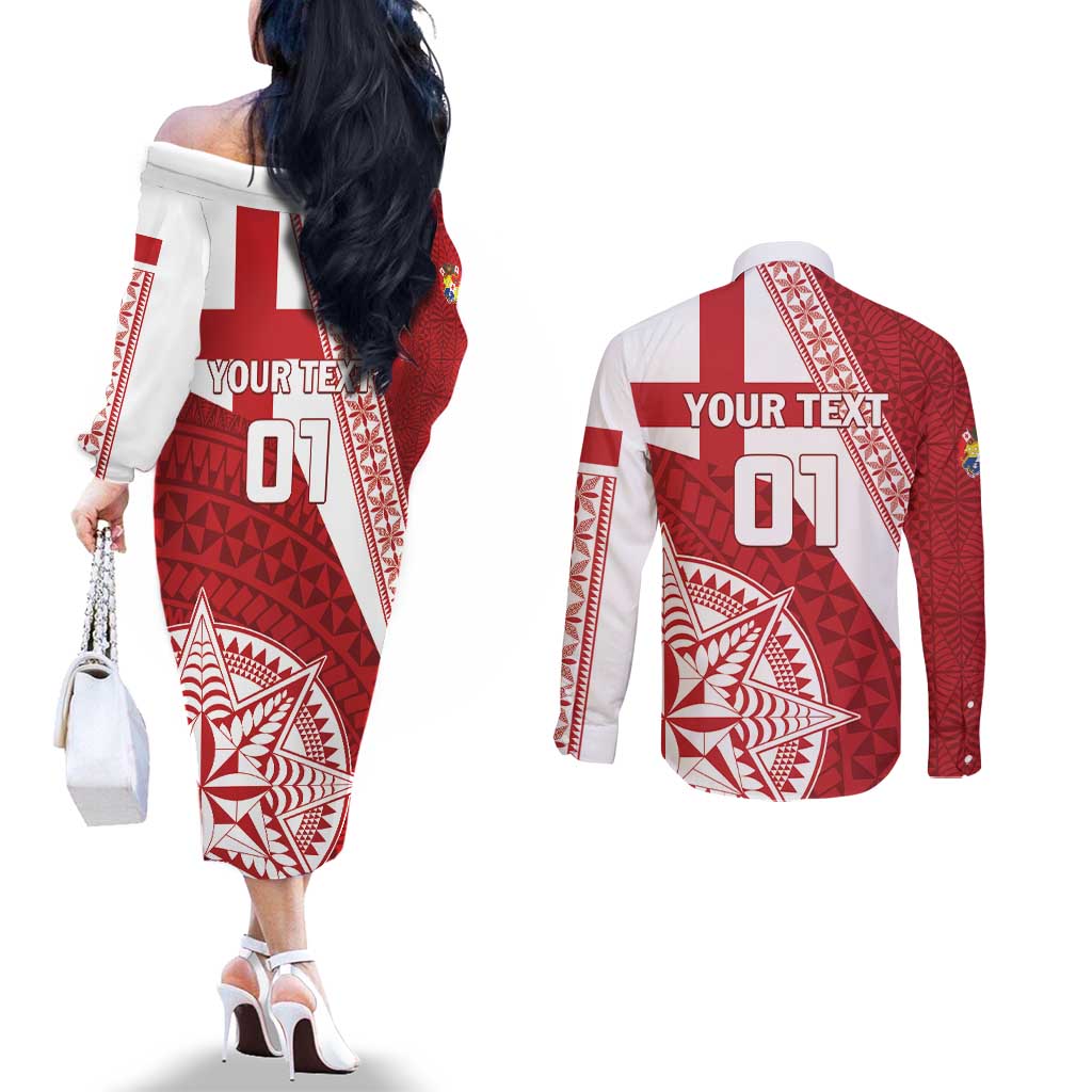 Custom Tonga Rugby Mate Maa Couples Matching Off The Shoulder Long Sleeve Dress and Long Sleeve Button Shirt Ngatu Pattern