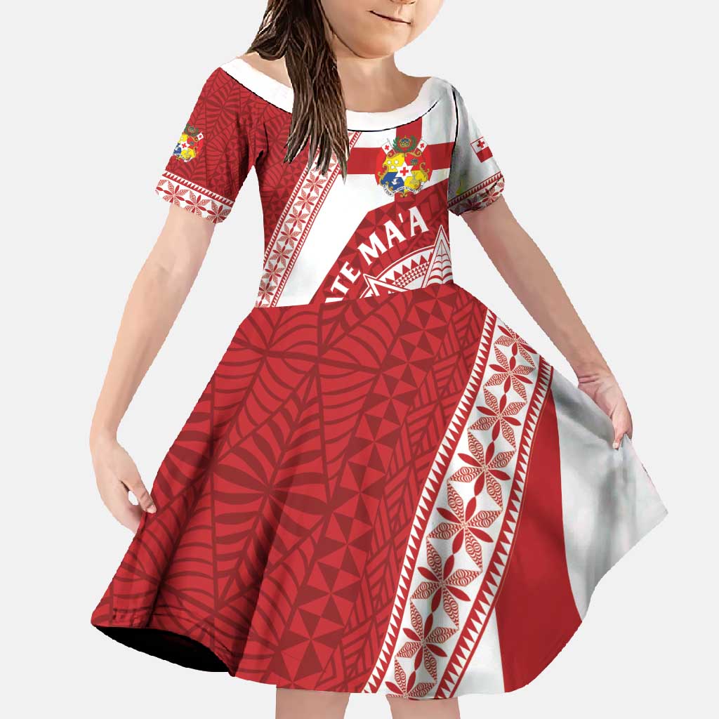 Custom Tonga Rugby Mate Maa Family Matching Long Sleeve Bodycon Dress and Hawaiian Shirt Ngatu Pattern LT01 Daughter's Dress Red - Polynesian Pride