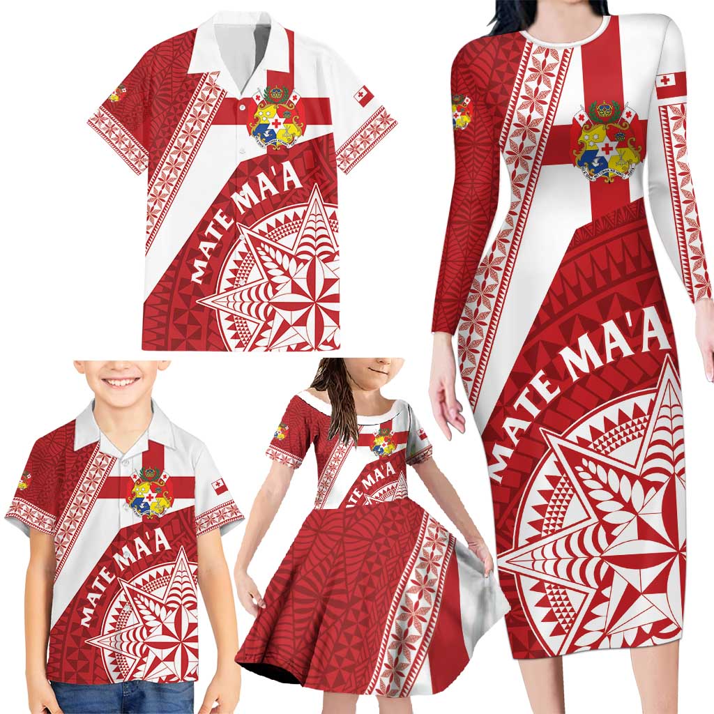Custom Tonga Rugby Mate Maa Family Matching Long Sleeve Bodycon Dress and Hawaiian Shirt Ngatu Pattern LT01 - Polynesian Pride