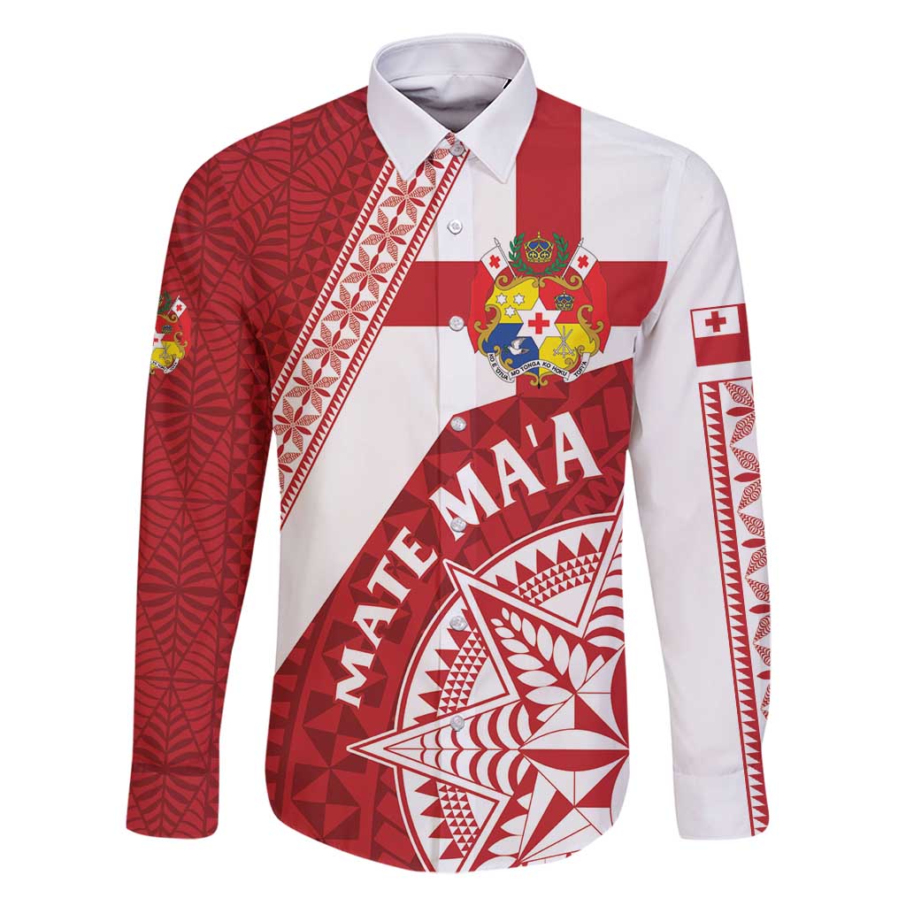 Custom Tonga Rugby Mate Maa Family Matching Long Sleeve Bodycon Dress and Hawaiian Shirt Ngatu Pattern LT01 Dad's Shirt - Long Sleeve Red - Polynesian Pride