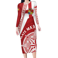 Custom Tonga Rugby Mate Maa Family Matching Long Sleeve Bodycon Dress and Hawaiian Shirt Ngatu Pattern LT01 Mom's Dress Red - Polynesian Pride