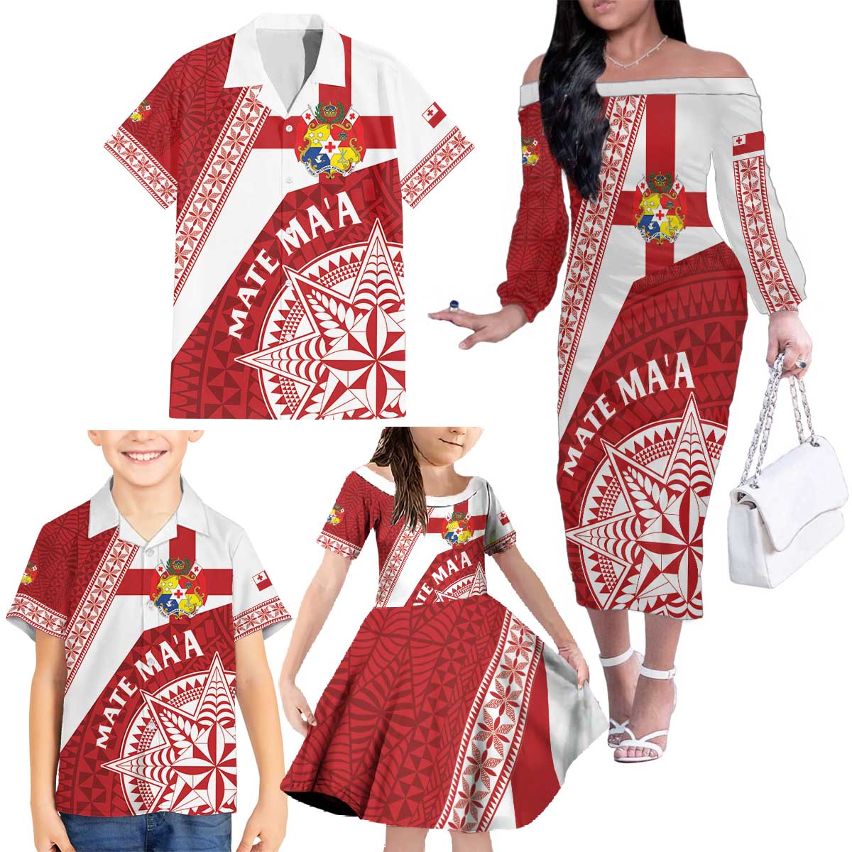 Custom Tonga Rugby Mate Maa Family Matching Off The Shoulder Long Sleeve Dress and Hawaiian Shirt Ngatu Pattern LT01 - Polynesian Pride