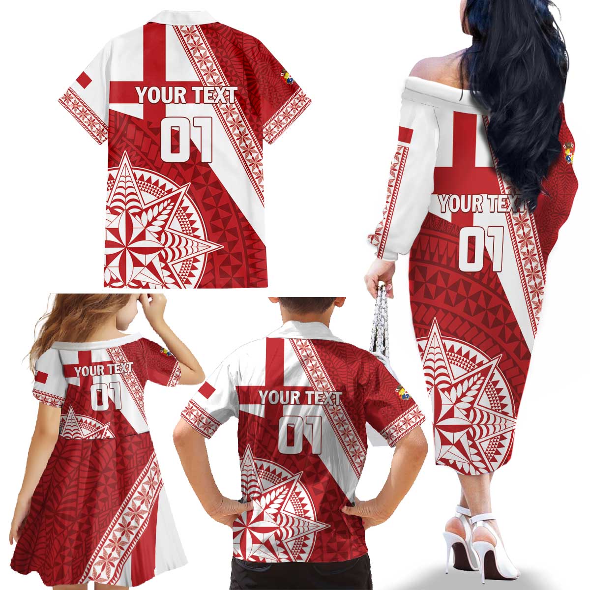 Custom Tonga Rugby Mate Maa Family Matching Off The Shoulder Long Sleeve Dress and Hawaiian Shirt Ngatu Pattern LT01 - Polynesian Pride